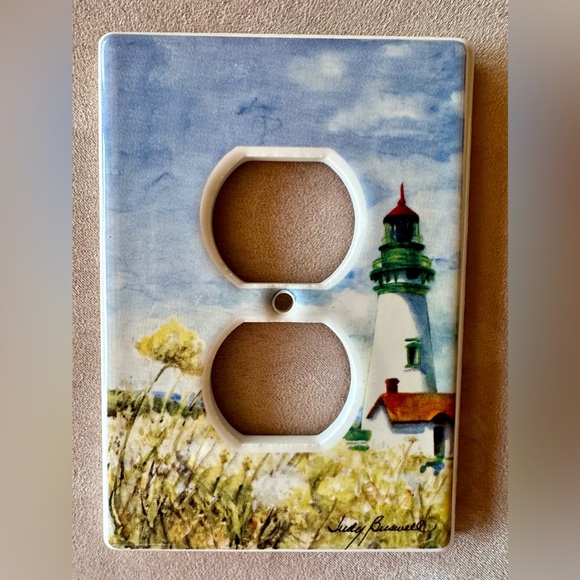 Hand made electrical outlet cover by Judy Buswell. Unique beach lighthouse. EUC - Picture 1 of 8